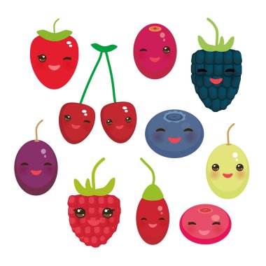 Beyaz arka plan üzerinde Kawaii kiraz çilek ahududu böğürtlen Blueberry yaban mersini Fuska Goji üzüm taze sulu çilek. Vektör çizim