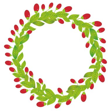 Yeşil yaprakları ve beyaz arka plan üzerinde izole kırmızı goji berry taze sulu çilek ile yuvarlak çelenk. Vektör çizim