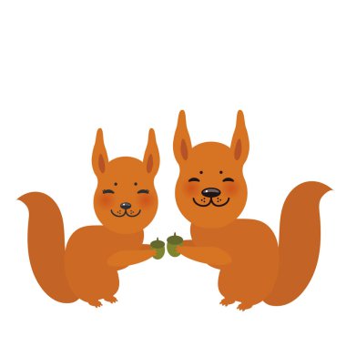 Komik kırmızı sincap beyaz arka plan üzerinde izole meşe palamudu ile kabarık kuyruklu kümesi. Vektör çizim