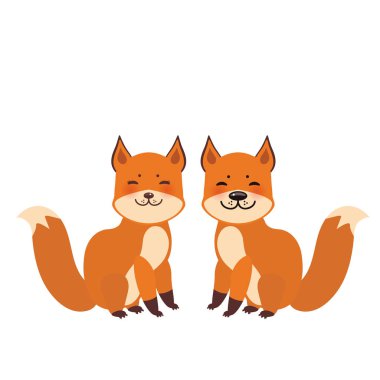 şirin fox, erkek ve kız komik surat ve beyaz arka plan üzerinde izole kabarık kuyrukları ile kümesi. Vektör çizim