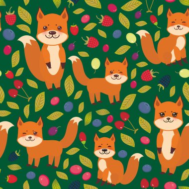 seamless modeli şirin kawaii fox, kiraz çilek ahududu böğürtlen Blueberry yaban mersini Fuska Goji üzüm koyu yeşil arka plan üzerinde izole. Vektör çizim