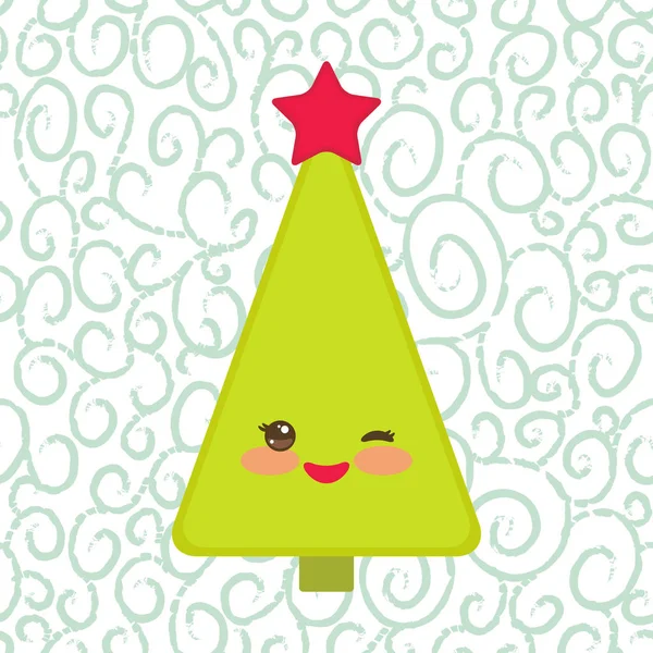 Happy New Year Card Funny Green Christmas Tree Red Star — Stock Vector