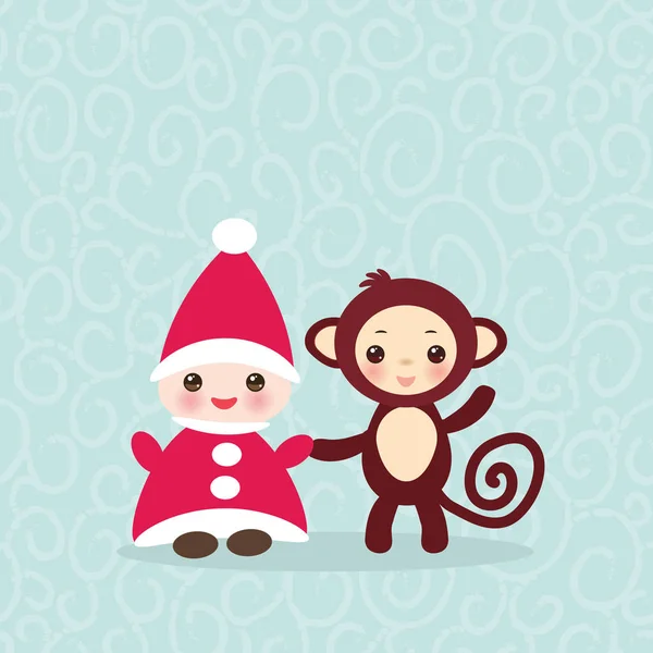 2016 Bonne Année Carte Drôle Gnome Chapeau Rouge Singe Brun — Image vectorielle
