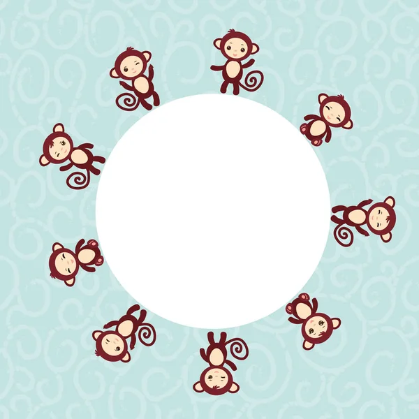 Komik Kahverengi Maymun Erkek Kız Mavi Zemin Üzerine Kümesi Kart — Stok Vektör