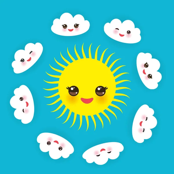 Kawaii Divertido Sol Amarillo Nubes Blancas Establecidas Bozal Con Mejillas — Vector de stock