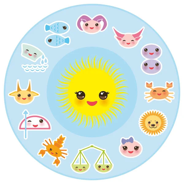 Lustige Kawaii Sonne Tierkreiszeichen Astrologische Stiker Set Virgo Aries Gemini — Stockvektor