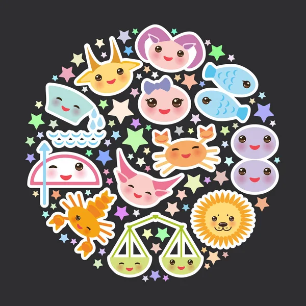 Vicces Kawaii Horoszkóp Asztrológiai Stiker Állítsa Szűz Kos Ikrek Rák — Stock Vector