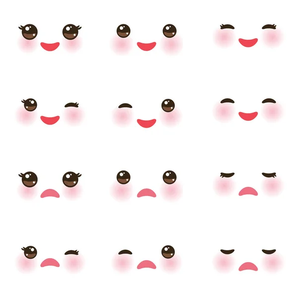 Каваї Смішні Морди Рожеві Щоки Анімоване Очі Білому Тлі Векторні — стоковий вектор