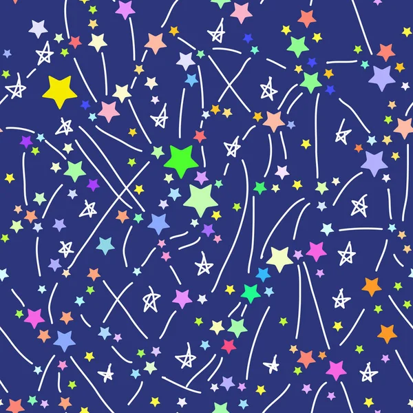 青色の背景色に色の明るい星と抽象的なシームレス パターン ベクトル図 — ストックベクタ