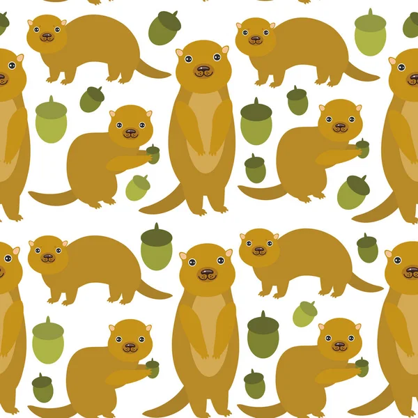Seamless Pattern Set Funny Gopher Ground Squirrel Isolated Acorn White — Stock Vector