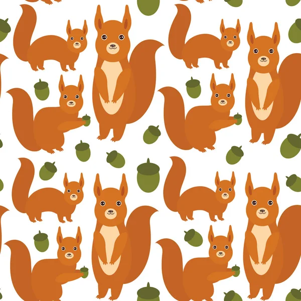 Seamless Pattern Set Funny Red Squirrels Fluffy Tail Acorn Isolated — Stock Vector