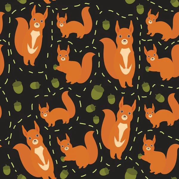 Seamless Pattern Set Funny Red Squirrels Fluffy Tail Acorn Black — Stock Vector