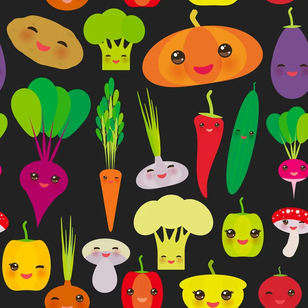 Modèle Sans Couture Poivrons Kawaii Betteraves Potiron Carottes Aubergine Piments — Image vectorielle