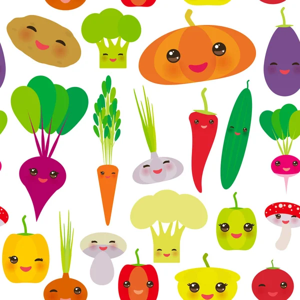 Modèle Sans Couture Poivrons Kawaii Betteraves Potiron Carottes Aubergine Piments — Image vectorielle