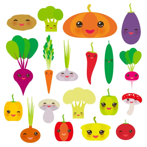 Kawaii Légumes Poivrons Betteraves Potiron Carottes Aubergines Piments Rouges Chou — Image vectorielle