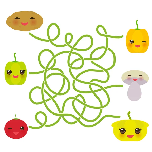 Kawaii Groenten Witte Achtergrond Squash Aardappel Tomaat Peper Paddestoel Labyrint — Stockvector