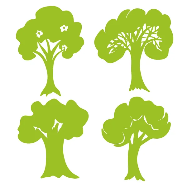 Coleção Árvore Desenhada Mão Conjunto Silhuetas Árvores Verdes Isoladas Sobre —  Vetores de Stock