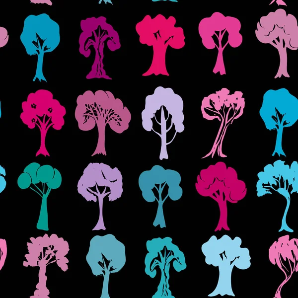 シームレスなパターンは 黒の背景に紫紫青ピンク木のシルエットのセット ベクトル図 — ストックベクタ