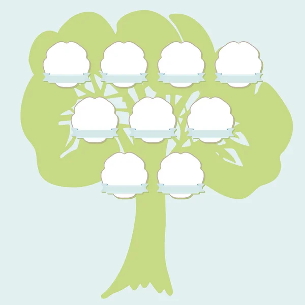 手吊りラベルに描かれた家系図 青の背景に分離された樫の木の緑のシルエット ベクトル図 — ストックベクタ