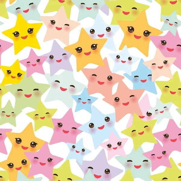 Seamless Pattern Kawaii Stars Set Face Eyes Boys Girls Pink — Stock Vector