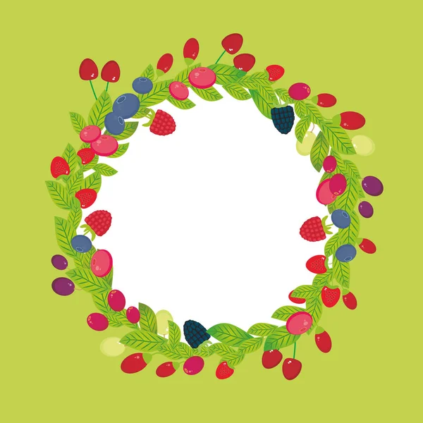 緑の背景に桜いちごラズベリーのブラックベリー ブルーベリー クランベリー コケモモ剛ブドウ新鮮ジューシーな果実とラウンドの花輪 ベクトル図 — ストックベクタ