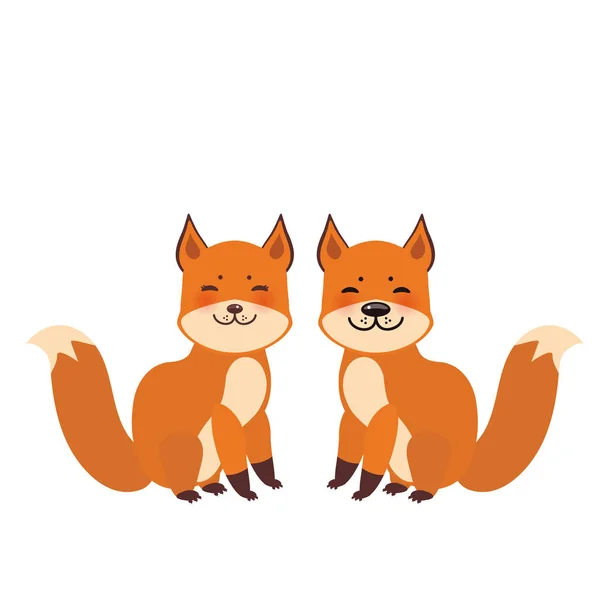 一套可爱的狐狸 男孩和女孩与有趣的脸和蓬松的尾巴隔离在白色的背景 向量例证 — 图库矢量图片