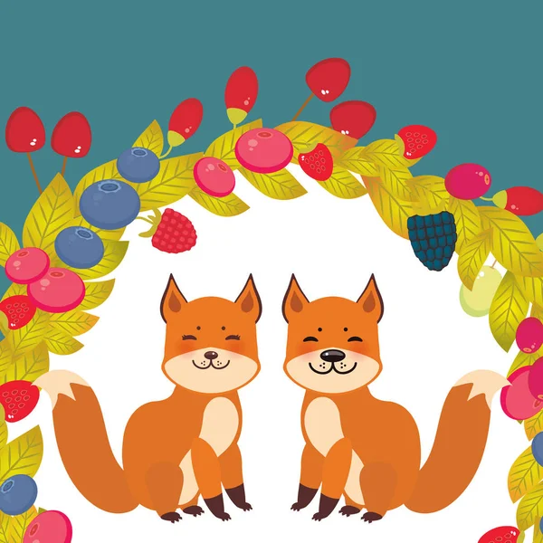 Ronde Krans Schattig Kawaii Fox Cherry Aardbei Framboos Blackberry Blueberry — Stockvector