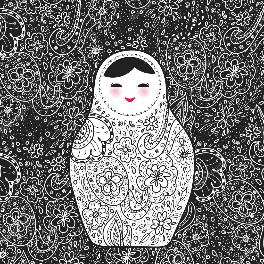 Russian doll matrioshka Babushka smiling face with pink cheeks, sketch flowers and leaves contours on black background. Vector illustration