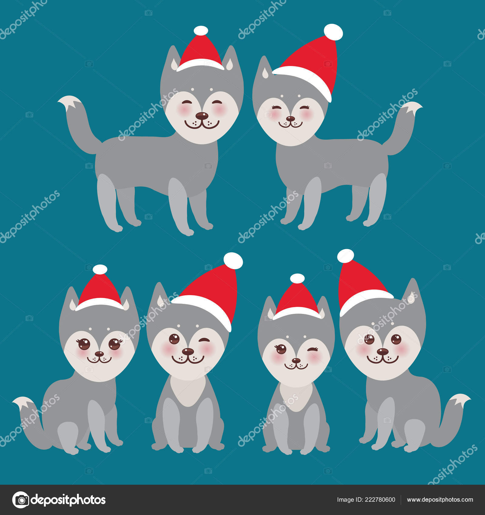 Silvester Und Weihnachten Lustig Grauer Husky Hund Mit Rotem Hut