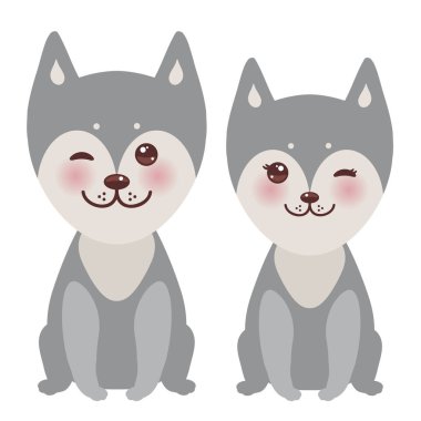 Kawaii komik gri husky köpek, büyük gözleri ve pembe yanakları, erkek ve beyaz arka plan üzerinde izole kız ile yüz. Vektör çizim