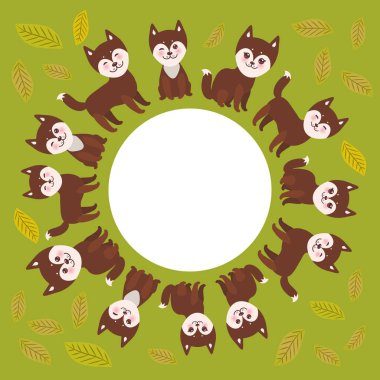çerçeve metin, komik kahverengi husky köpek ve yaprakları, büyük gözleri ve pembe yanakları, erkek ve kız yeşil arka plan üzerinde Kawaii yüz için yuvarlak. Vektör çizim