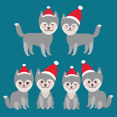  Yeni yıl ve Noel komik gri husky köpek kırmızı şapkalı, büyük gözleri ve pembe yanakları, erkek ve kız mavi arka plan üzerinde Kawaii yüzle. Vektör çizim