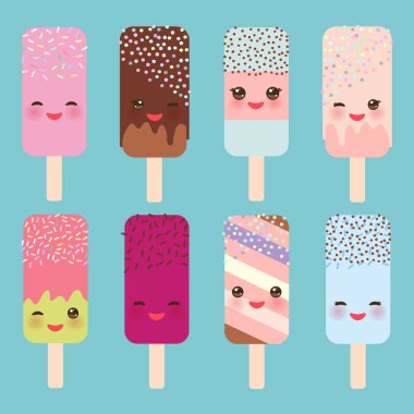 Set buz krem, pembe yanakları ve göz kırpıyor ile buz lolly Kawaii gözleri, pastel renkleri açık mavi renkli. Vektör çizim