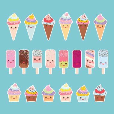 dondurma, dondurma ile cupcakes gözleme koniler, buz lolly Kawaii pembe yanakları ve kırpışan gözler, açık mavi renkli pastel renkleri ayarlayın. Vektör çizim