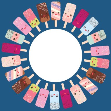 metin dondurma için kare pembe yanaklar ve göz kırpıyor ile buz lolly Kawaii gözleri, mavi Navi arka plan üzerinde pastel renkler. Vektör çizim