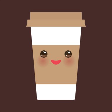 Take-out coffee in Paper thermo coffee cup with brown cap and cup holder. Kawaii cute face with eyes and smile on dark brown background. Vector illustration clipart