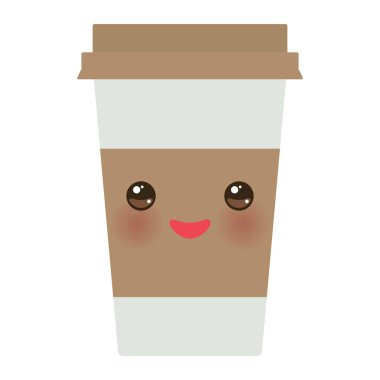 Kağıt kahve termo bardak kahverengi kap ve Kupası sahibi ile eve servis kahve. Gözleri ve gülümseme Isolated beyaz arka plan üzerinde Kawaii sevimli yüzü. Vektör çizim