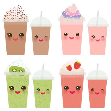 Kivi çilek çikolata kahve eve servis güler yüzlü şeffaf plastik kap saman ve çırpılmış krema ile. Gözleri ve gülümseme Isolated beyaz arka plan üzerinde Kawaii sevimli yüzü. Vektör çizim