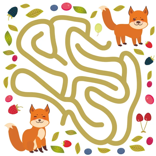 Fox Bacche Della Foresta Sfondo Bianco Gioco Labirinto Bambini Età — Vettoriale Stock