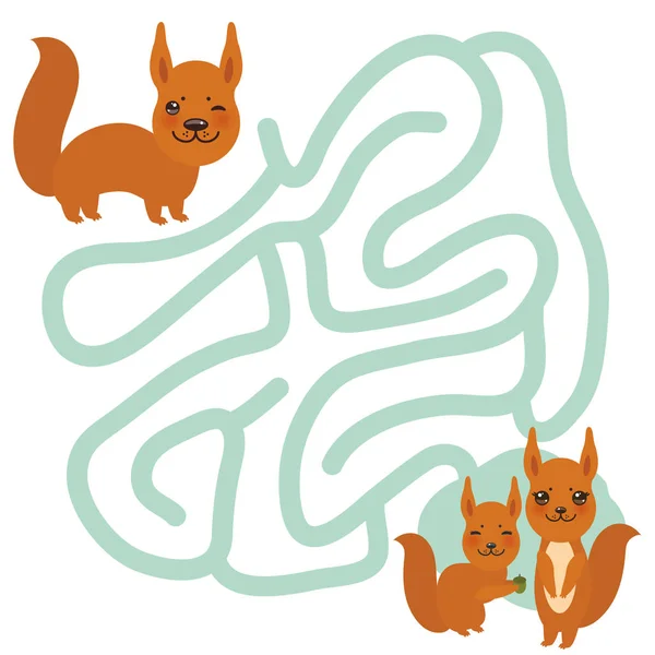 Red Squirrel Family White Background Labyrinth Game Preschool Children Vector — Stock Vector