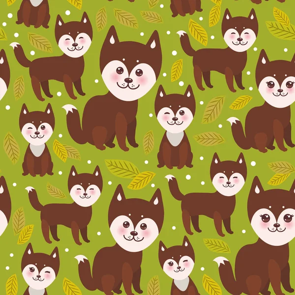 Seamless Pattern Funny Brown Husky Dog Leaves Kawaii Face Large — Stock Vector
