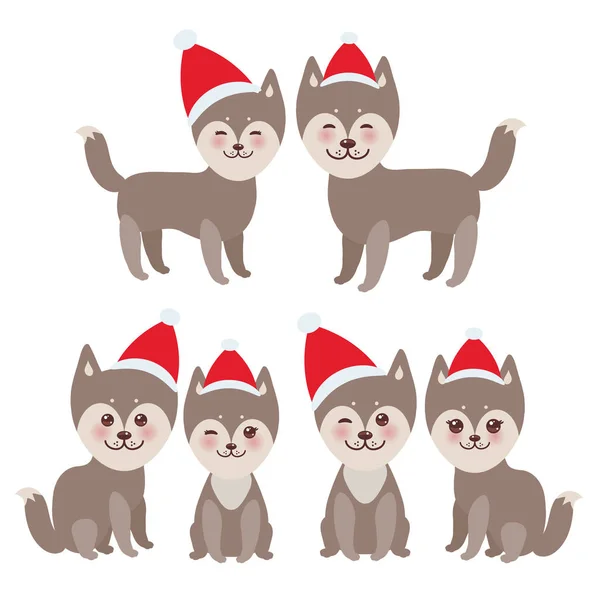 Chien Husky Marron Drôle Nouvel Noël Dans Chapeau Rouge Visage — Image vectorielle