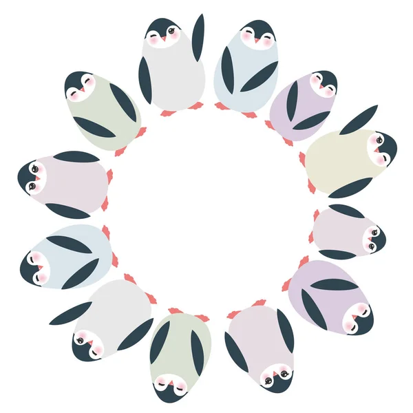 Забавные Пингвины Зимнего Дизайна Круглый Фрейм Шаблона Текстовой Карты Изолированы — стоковый вектор