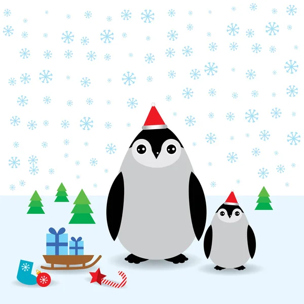 Roliga Pingviner Röd Hatt Jul Vinter Kort Isolerad Vit Bakgrund — Stock vektor