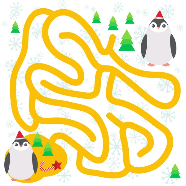 Grappige Pinguïns Rode Hoed Sneeuwvlokken Geschenken Kerst Winter Labyrint Spel — Stockvector