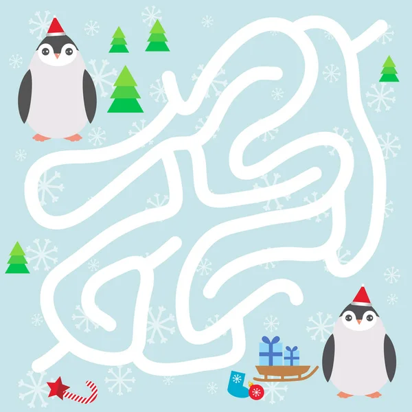 Pingüinos Divertidos Sombrero Rojo Copos Nieve Regalos Juego Navidad Laberinto — Vector de stock