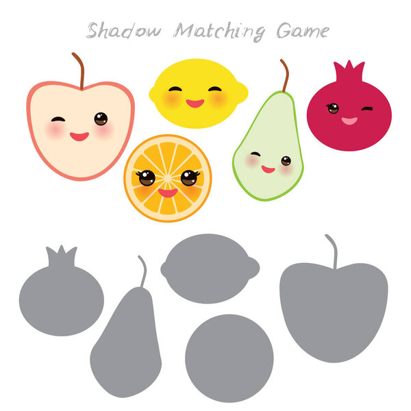мандарины яблоко лимон оранжевый груша гранат изолированы на белом фоне, игра теней соответствия для дошкольников. Найдите правильную тень. Векторная иллюстрация
