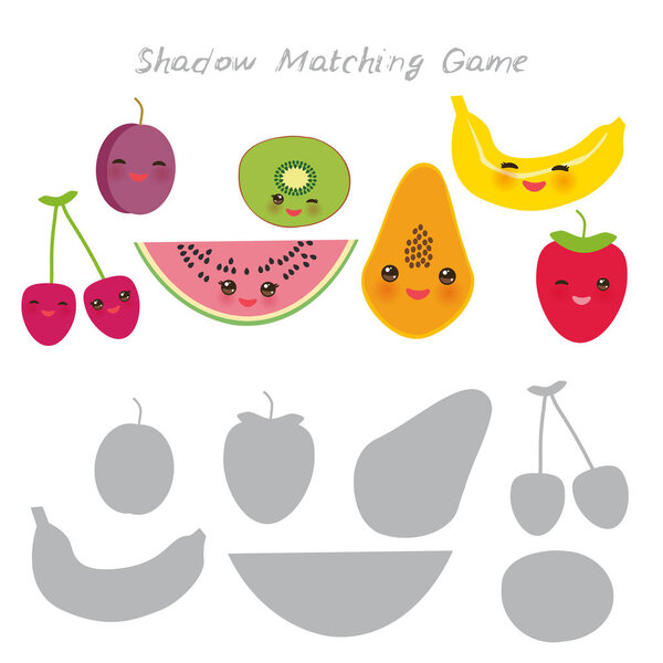 вишнево-сливовый арбуз киви папайя банановая клубника, выделенная на белом фоне, игра Shadow Matching Game для дошкольников. Найдите правильную тень. Векторная иллюстрация
