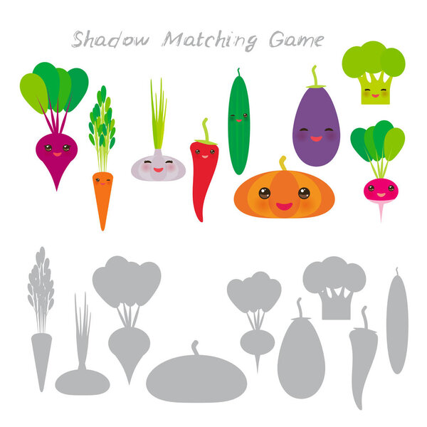Свекла брокколи морковь чили огурец чеснок тыквы редис баклажаны изолированы на белом фоне, игра теней соответствия для дошкольников. Найдите правильную тень. Векторная иллюстрация
