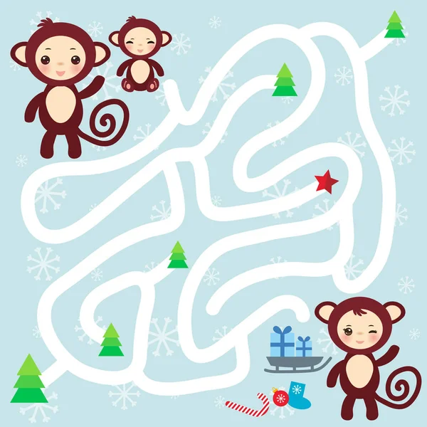 Set Funny Brown Monkey Light Blue Background Labyrinth Game Preschool — Stock Vector